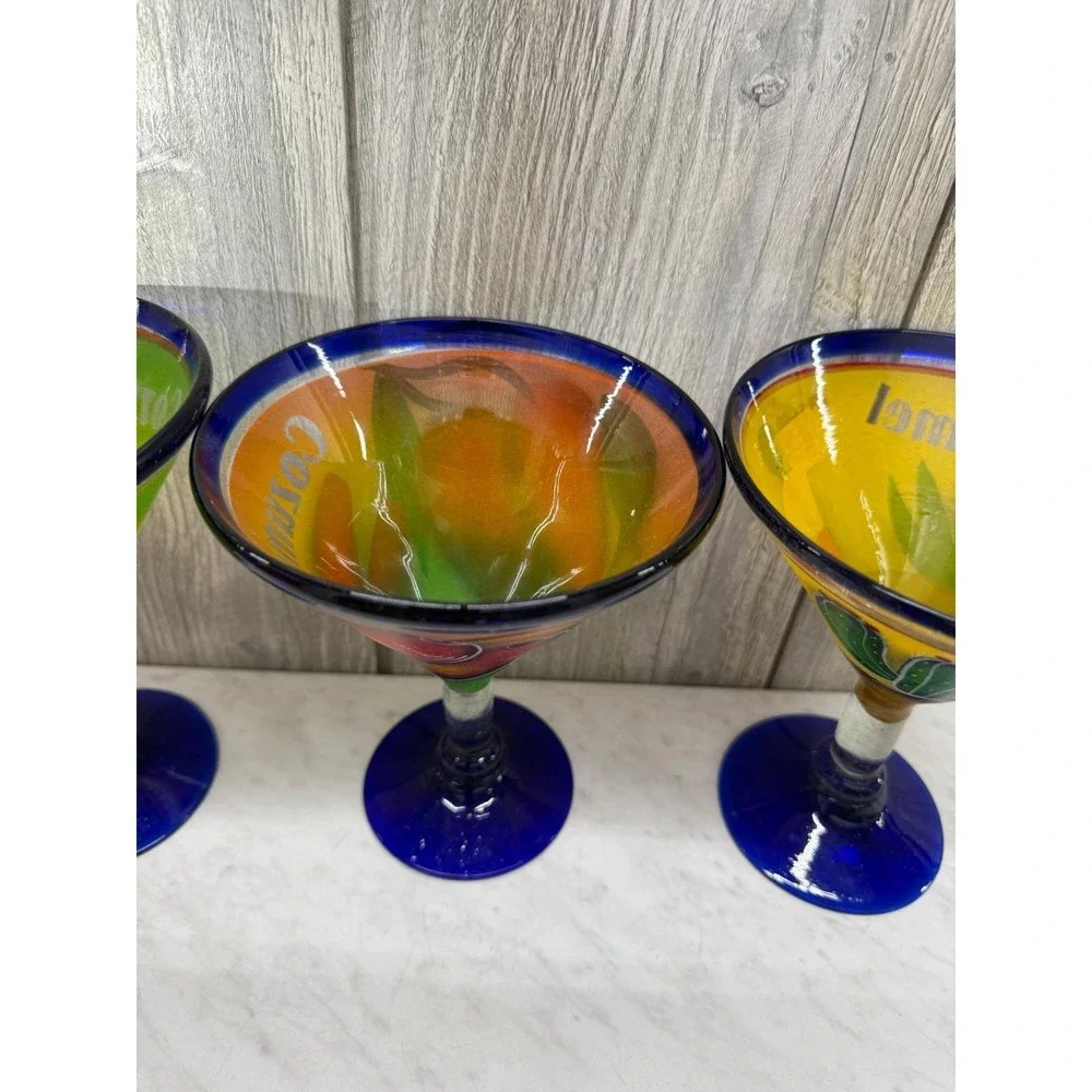 Set of 4 Hand Painted Mexican Martini Glasses Cozumel Cobalt Blue Rim 7in